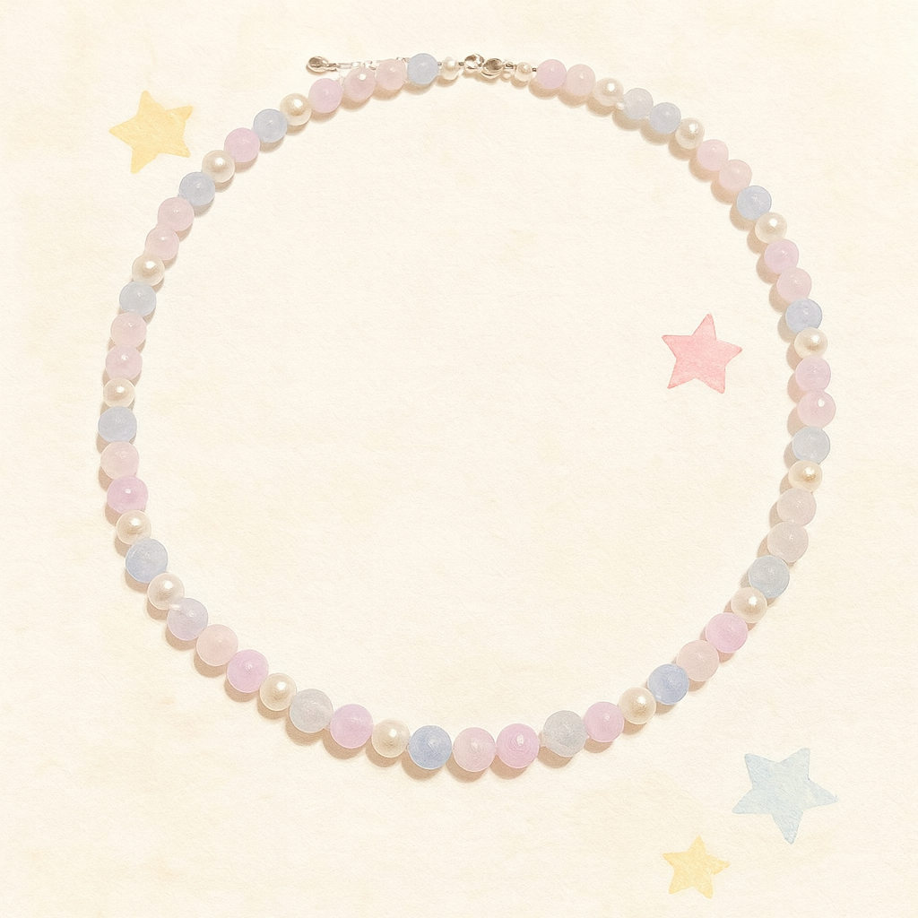 パステルカラー天然石＆パールネックレス ローズクォーツ・アクア