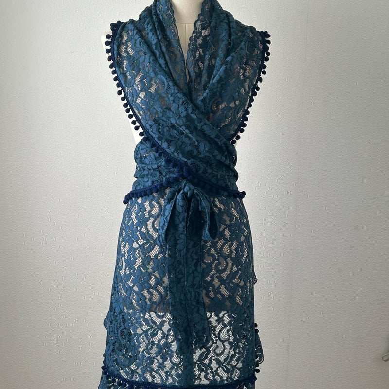 エプロン ブルーグリーン 花柄ステラレース フラメンコ衣装