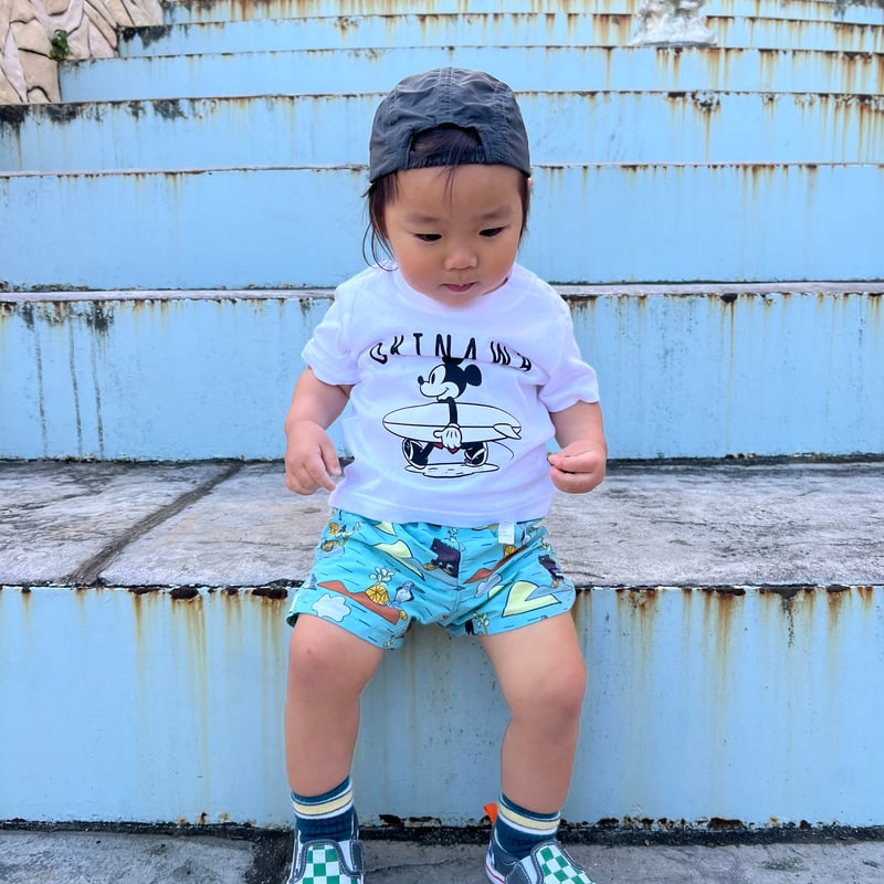 Kids】モノクロOKINAWAミッキーTシャツ【White / Black /Sand b