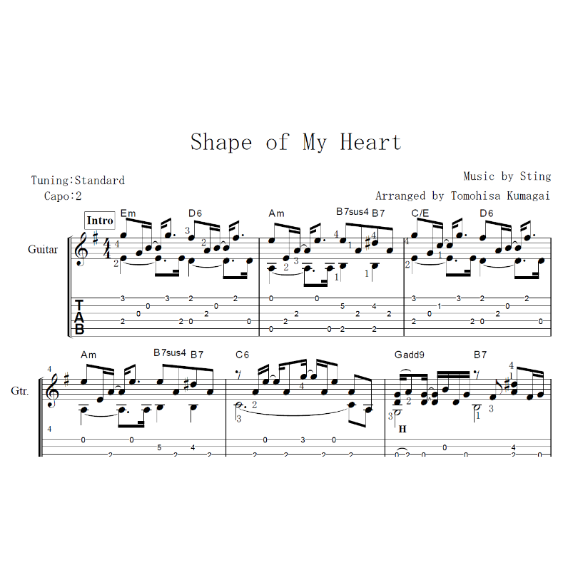 ★れ 楽譜ギタータブSTING for guitar tab スティング Shape of My Heart -スティング（ソロギター楽譜） | Fingerstyle