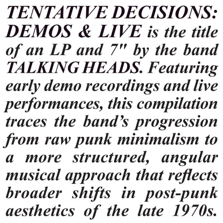 Talking Heads / Tentative Decisions: Demos & Live (RSD BF 2025) 新品輸入レコード