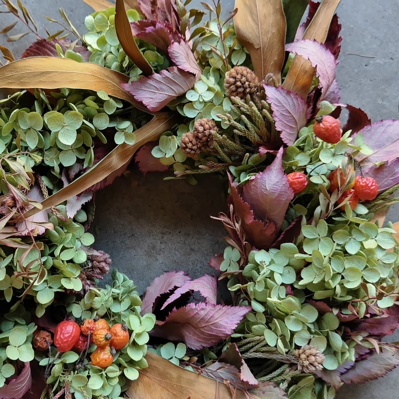 アナベルやシンカルファ　実物を紡いだ　ハーフリース　ドライフラワー アナベルやシンカルファ 実物を紡いだ ハーフリース ドライフラワー