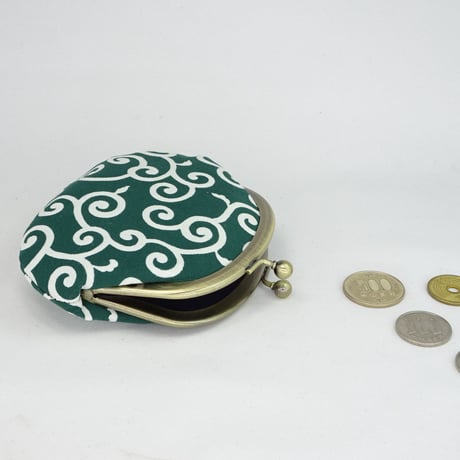 3.3寸丸小銭入れ　唐草（帆布）緑色　※口金：AG色 丸玉