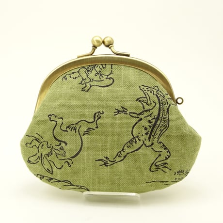 3.3寸丸小銭入れ　鳥獣戯画　抹茶色①　※口金：AG色 丸玉