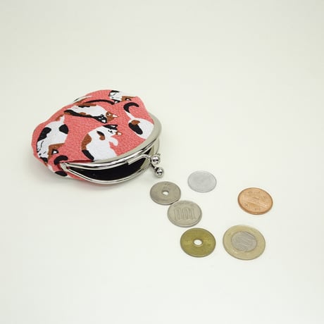 2.6寸丸小銭入れ　三毛猫（ちりめん）桃色　※口金：N色 丸玉