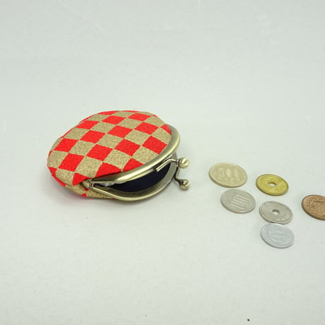 2.6寸丸小銭入れ　ちりめん　市松　赤色×金色