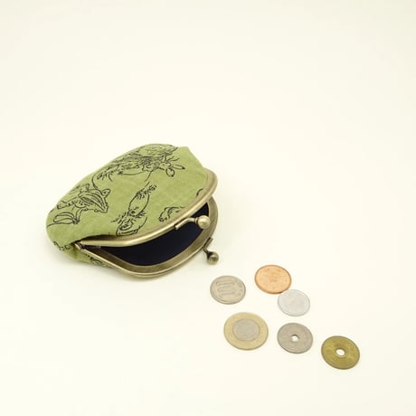 3.3寸丸小銭入れ　鳥獣戯画　抹茶色②　※口金：AG色 丸玉