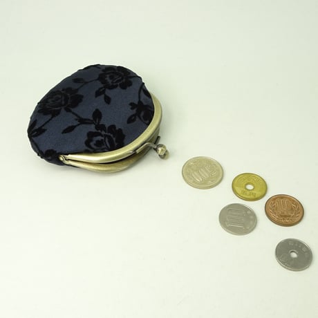 2.6寸丸小銭入れ　バラ（フロッキー）ネイビー色　※口金：AG色 丸玉