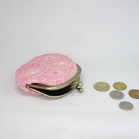 3.3寸丸小銭入れ　菊づくし（ふくれ織）ピンク色　※口金：AG色 丸玉