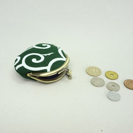 2.6寸丸小銭入れ　帆布唐草　緑色　※口金：AG色 丸玉