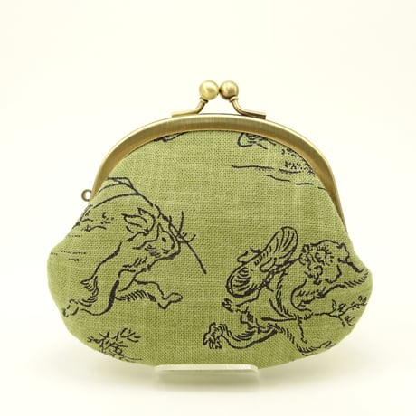 3.3寸丸小銭入れ　鳥獣戯画　抹茶色①　※口金：AG色 丸玉