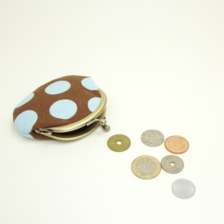 2.6寸丸小銭入れ　水玉（帆布）　茶×水色　※口金：AG色 こけし玉