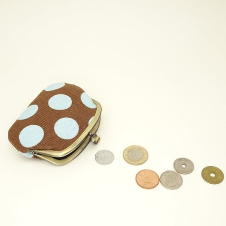 3.0寸タワラ玉小銭入れ　水玉（帆布）　茶×水色　※口金：AG色 タワラ玉