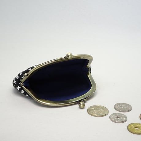 3.3寸丸小銭入れ　刺し子（ふくれ織）　※口金：AG色 丸玉