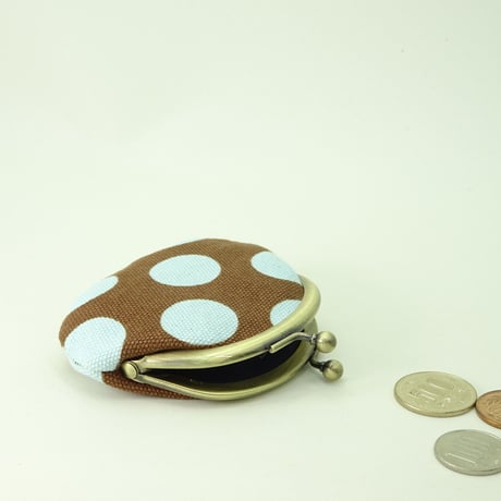 2.6寸丸小銭入れ　水玉（帆布）　茶×水色　※口金：AG色 丸玉