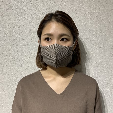 日本製【洗えるファッション秋マスク】　やわもちくるるんマスク　Mサイズ×2枚入　耳負担軽減・グレンチェック柄　ブラウン　MSK-13777-3-M