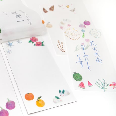 特製｜高筆記性薄紙5リーフ使用｜ほんのり透ける一筆箋｜春夏秋冬 天のり便箋くるみ製本｜日本の四季