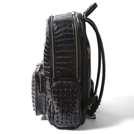 GLAMJAM スタッズバッグ リュックサイドポケットLサイズ　クロコブラック×ブラック×レッド  グラムジャム