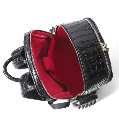 GLAMJAM スタッズバッグ リュックサイドポケットLサイズ　クロコブラック×ブラック×レッド  グラムジャム