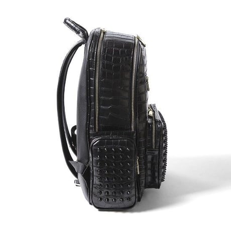 GLAMJAM スタッズバッグ リュックサイドポケットLサイズ　クロコブラック×ブラック×レッド  グラムジャム