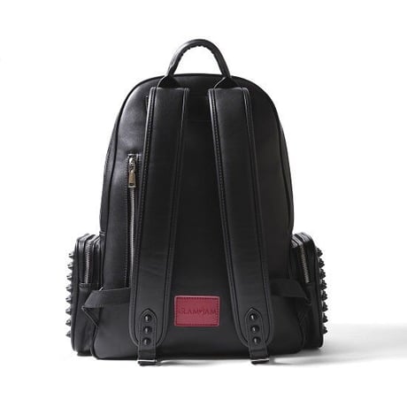 GLAMJAM スタッズバッグリュックサイドポケットLサイズ　エコレザー　ブラック×マットブラック×レッド  グラムジャム