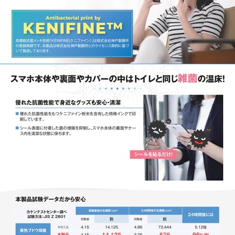 KENIFINE 抗菌できれい スマホ用 抗菌シール/Anti-bacterial KENIFINE seal for Android&iPhone