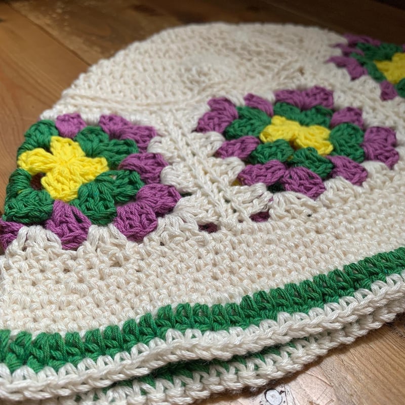 ☆グラニー編み UVコットン クラッシャーハット バケハ☆ブラック＆ホワイト ☆グラニー編み UVコットン クラッシャーハット バケハ