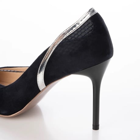チュールコンビネーションポインテッドヒールパンプス/Tulle combination pointed heel pumps L0240 （NAVY）