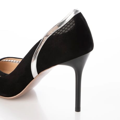 チュールコンビネーションポインテッドヒールパンプス/Tulle combination pointed heel pumps L0240 （BLACK）