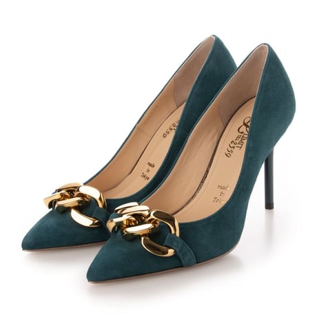 チェーンデザインポインテッドヒールパンプス/Chain design pointed heel pumps L0214 (GREEN/S）
