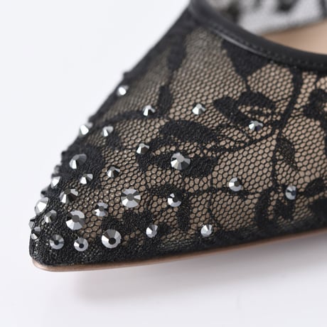 ラインストーンチュールヒールパンプス / Rhinestone tulle heel pumps L0210 (BLACK）
