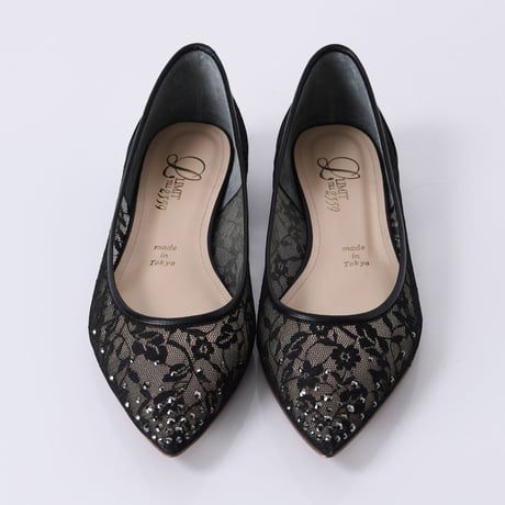 ラインストーンチュールフラットパンプス / Rhinestone tulle flat pumps L0218 (BLACK）