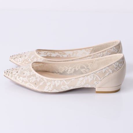 ラインストーンチュールフラットパンプス / Rhinestone tulle flat pumps L0218 (L.BEIGE）
