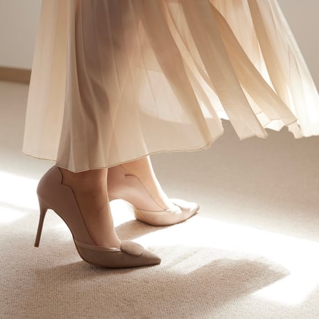 革巻プレートポインテットトゥデザインピンヒールパンプス/Leather plate pointed toe stiletto heel pumps L0258 (BEIGE)