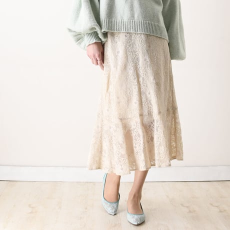 ラインストーンチュールフラットパンプス / Rhinestone tulle flat pumps L0218 (L.GREEN）