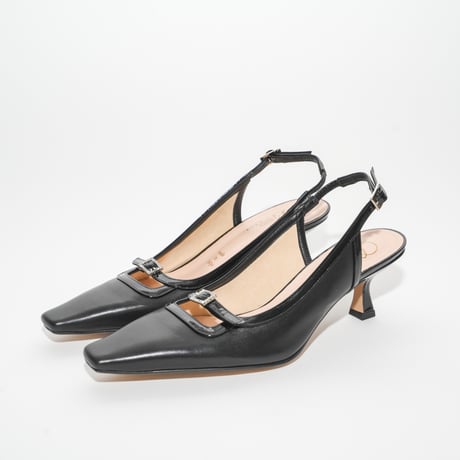 細スクエアラインストーン美錠付バックスリング/ Thin square rhinestone buckle sling back L0278 (BLACK)