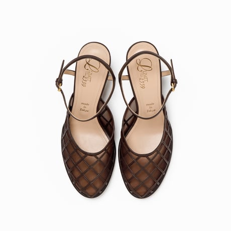 プレイドパターンチュールネックベルトラウンドパンプス/Plaid Pattern Tulle Ankle Strap Round Pumps L0293 (D.BROWN)