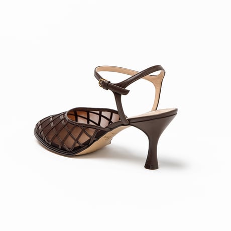 プレイドパターンチュールネックベルトラウンドパンプス/Plaid Pattern Tulle Ankle Strap Round Pumps L0293 (D.BROWN)