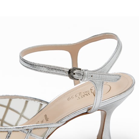 プレイドパターンチュールネックベルトラウンドパンプス/Plaid Pattern Tulle Ankle Strap Round Pumps L0293 (SILVER)