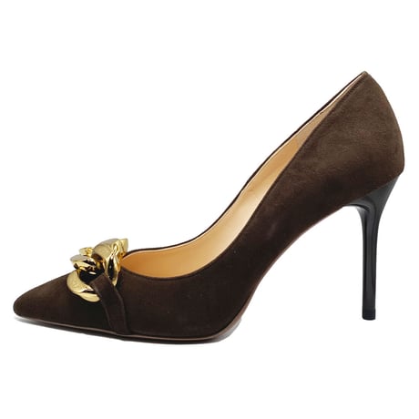 チェーンデザインポインテッドヒールパンプス/Chain design pointed heel pumps L0214 (D.BROWN/S）】