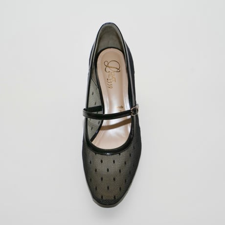 メリージェーンドットチュール六角形ヒールパンプス/mary jane dot tulle  hexagon heel pamps(L0275)BLACK/DOT