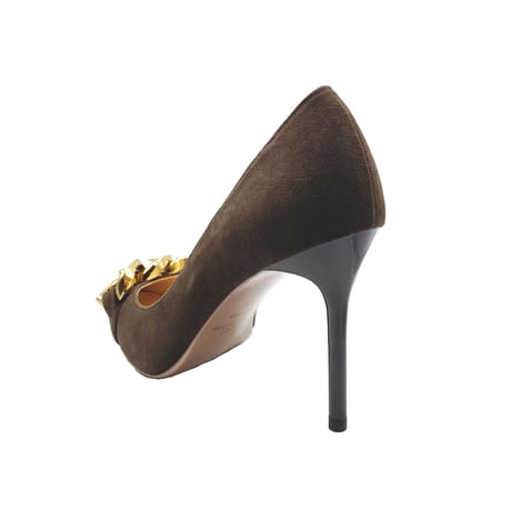チェーンデザインポインテッドヒールパンプス/Chain design pointed heel pumps L0214 (D.BROWN/S）】