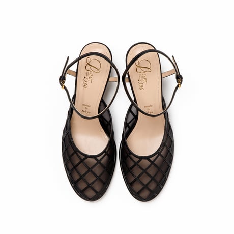 プレイドパターンチュールネックベルトラウンドパンプス/Plaid Pattern Tulle Ankle Strap Round Pumps L0293 (BLACK)