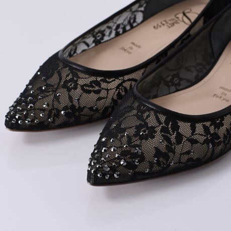 ラインストーンチュールフラットパンプス / Rhinestone tulle flat pumps L0218 (BLACK）