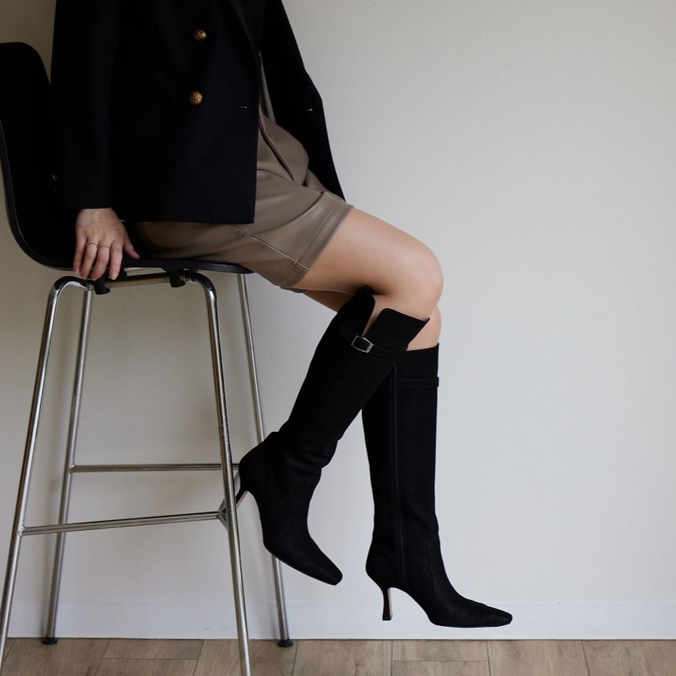 ブラックロングブーツ ジッパー付き ベルト付き ショッピングゴー shoppinggo ロングブーツ 裏起毛 ニーハイ