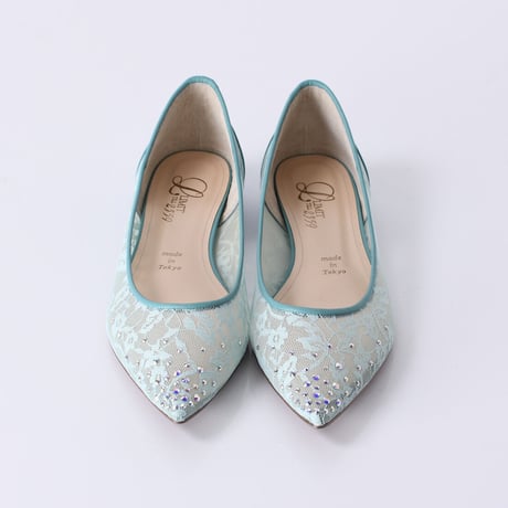 ラインストーンチュールフラットパンプス / Rhinestone tulle flat pumps L0218 (L.GREEN）