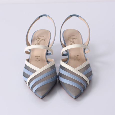 チュールコンビネーションスリングバックヒールパンプス / Tulle combination sling back heel pumps L0216 (BLUE）