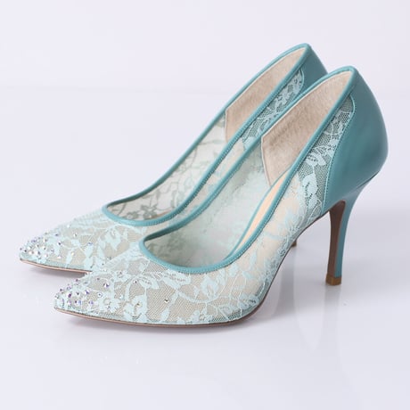 ラインストーンチュールヒールパンプス / Rhinestone tulle heel pumps L0210 (L.GREEN）
