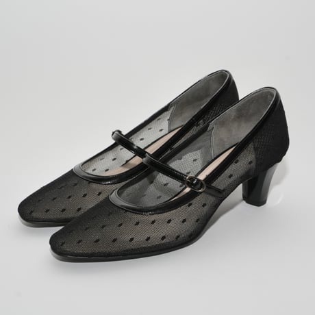 メリージェーンドットチュール六角形ヒールパンプス/mary jane dot tulle  hexagon heel pamps(L0275)BLACK/DOT