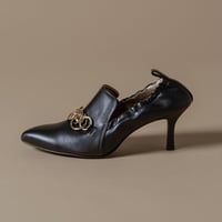 チェーンデザインシャーリングヒールパンプス/Pointed Toe Ring Chain Design Shirring Heel Pumps L0236（BLACK）